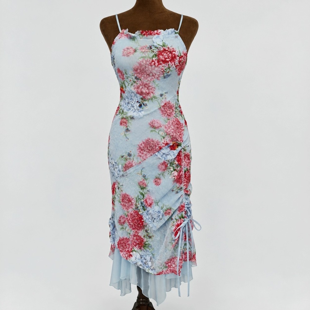 Y2K Dress Fairy Floral Vintage Asymmetric Size S Blue Mesh Ribbon 2000s